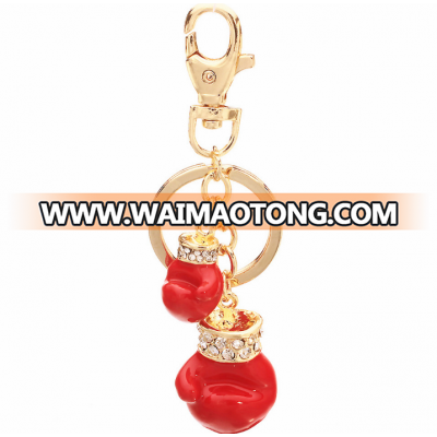 Hot Sale Gold Plated Red Enamel White Rhinestones Boxing Glove Keychain For Sports